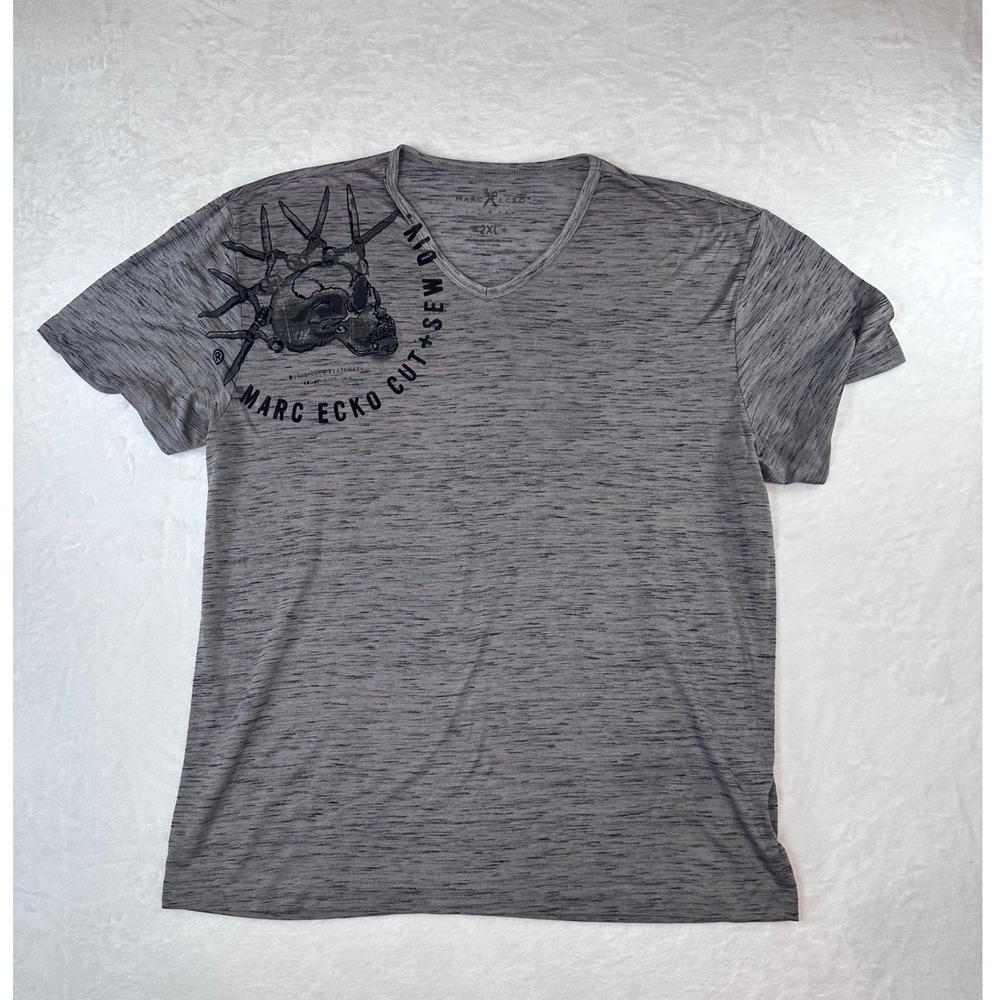 Marc Ecko Cut & Sew Mens 2XL Grey Space Dye Skull Scissors V-Neck T-Shirt